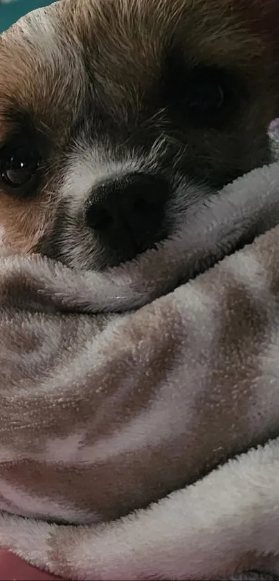 Adorable puppy wrapped in a cozy brown blanket, perfect for a mobile wallpaper.