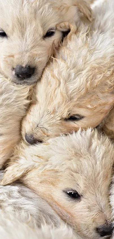 Fluffy white puppies cuddling together in a charming wallpaper.