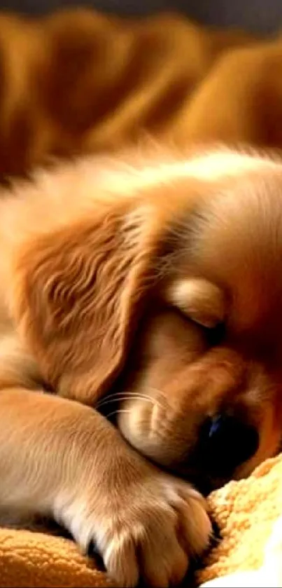 Adorable puppy sleeping on a cozy blanket, perfect for a mobile wallpaper.