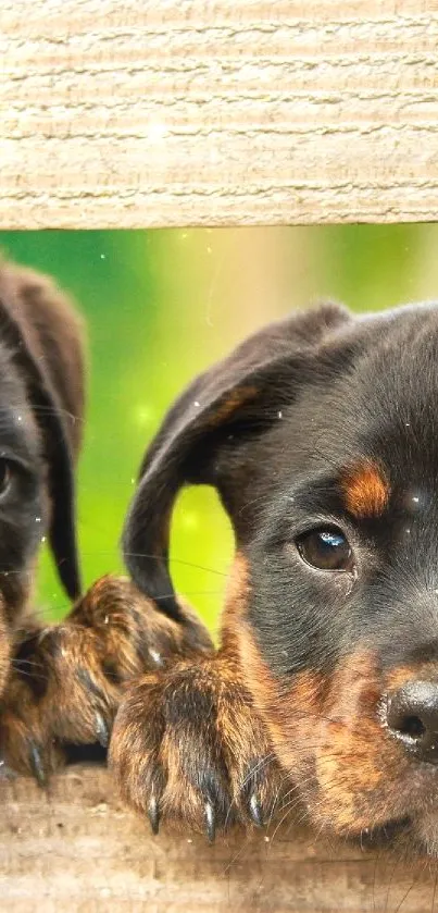 Two adorable puppies peeking through a rustic wooden fence.