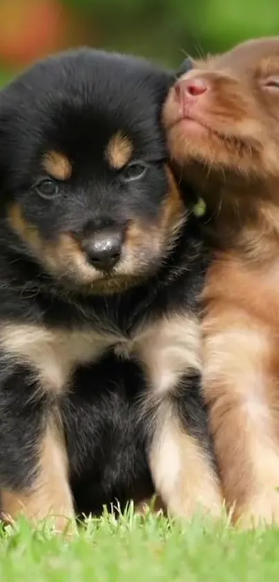 Two adorable puppies cuddling on grass background.