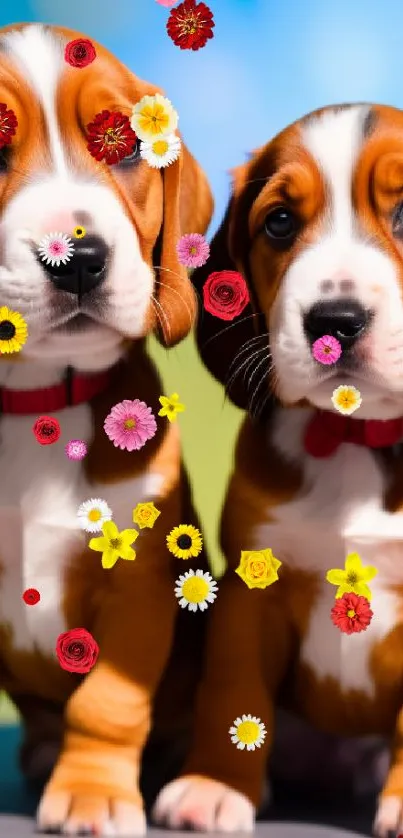 Two adorable puppies posing together in a cute wallpaper.