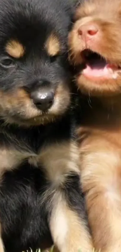 Two adorable puppies cuddling on grass, one black, one brown.