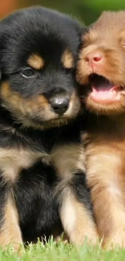 Two adorable puppies sitting on green grass, with one yawning playfully.