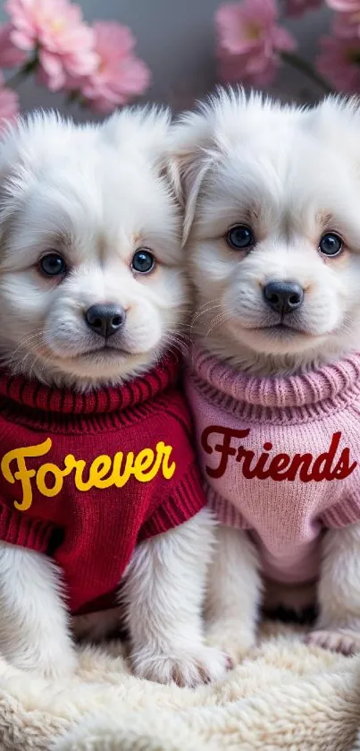 Puppies in sweaters with floral background.