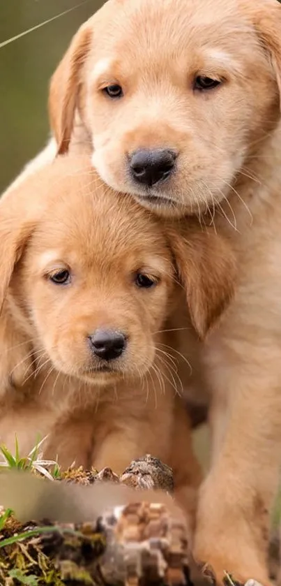 Two cuddly Labrador puppies in a natural setting.