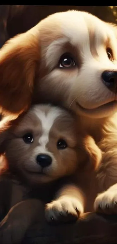 Two adorable puppies snuggling closely, creating a heartwarming scene.