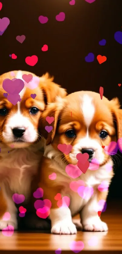 Adorable puppies with brown fur on a wooden surface.