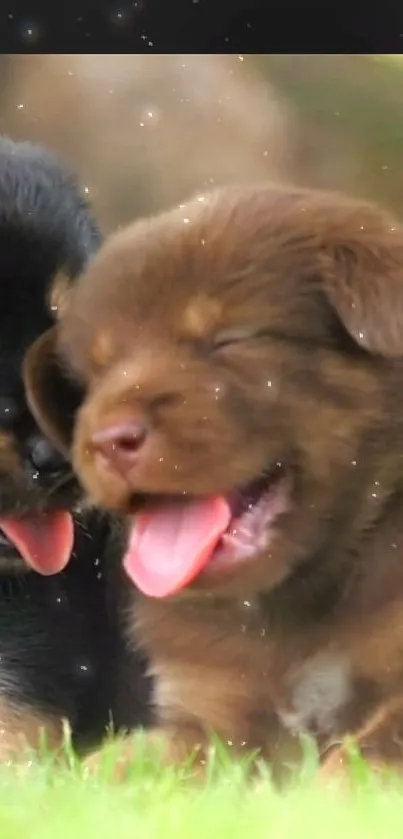 Adorable puppies smiling and playing in a cute wallpaper.