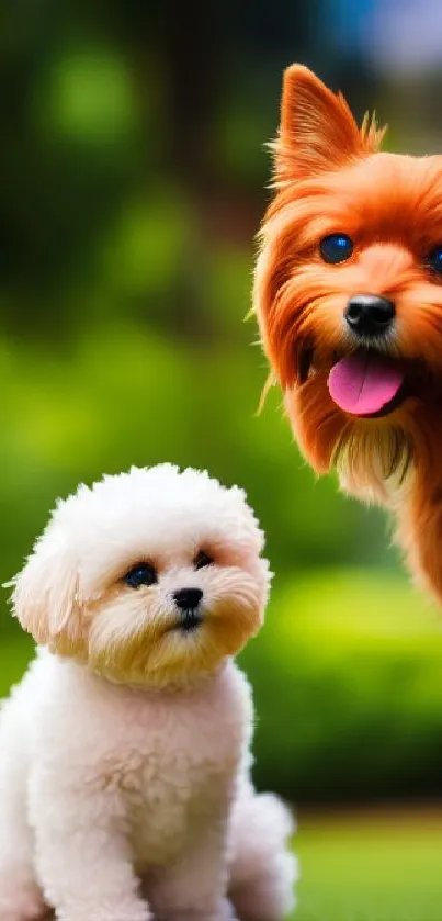 Fluffy white and silky brown puppy on green background.