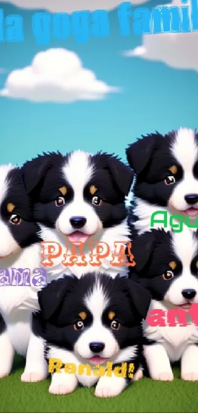 Adorable black and white puppy family in a green field under a blue sky.