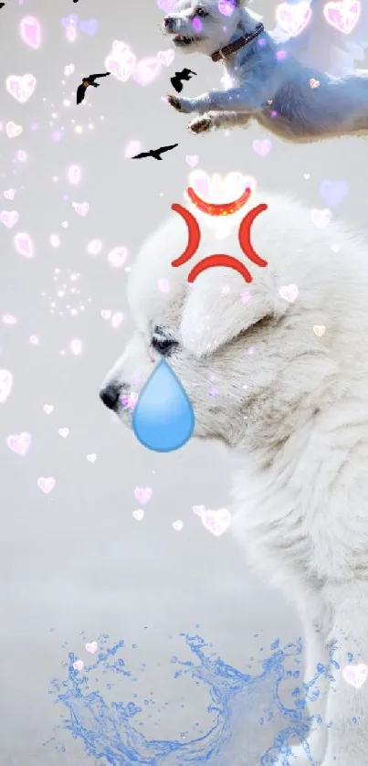 Whimsical wallpaper with a sad puppy and angelic flying dog.