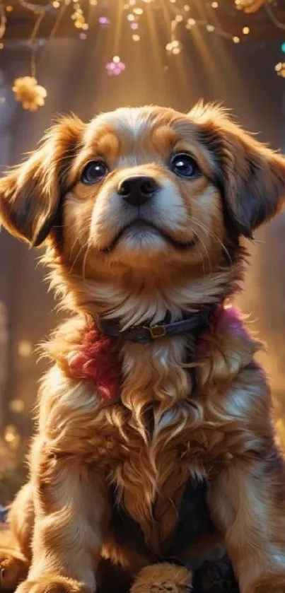 Adorable fluffy puppy surrounded by flowers