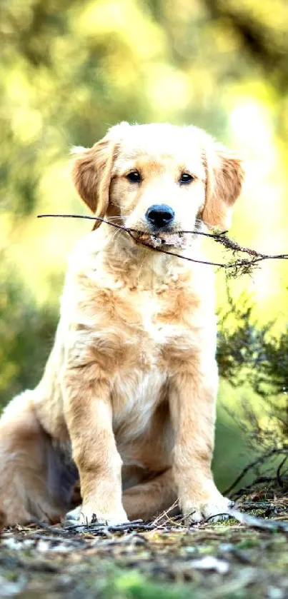 Golden retriever with stick in sunlit forest.