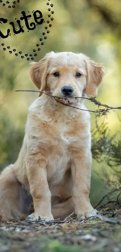 Adorable golden puppy with stick in forest backdrop.