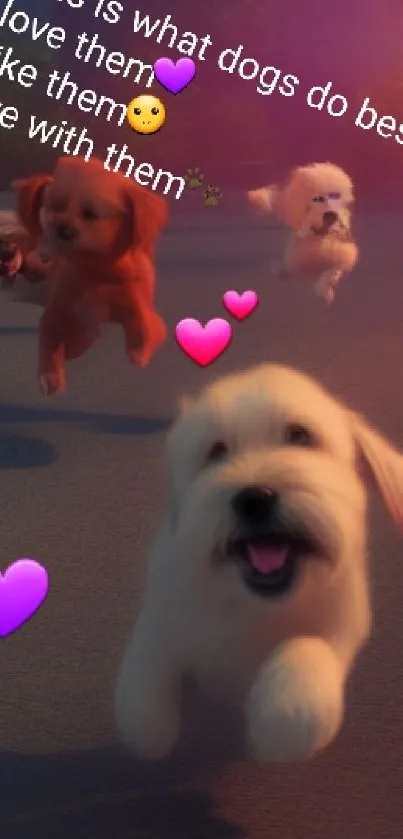 Adorable puppies running with hearts and emojis on a vibrant background.