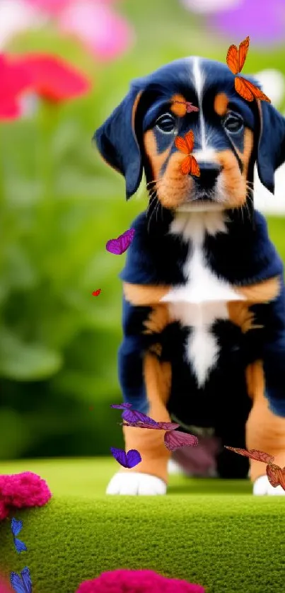 Adorable puppy in a colorful flower garden, perfect for a mobile wallpaper.