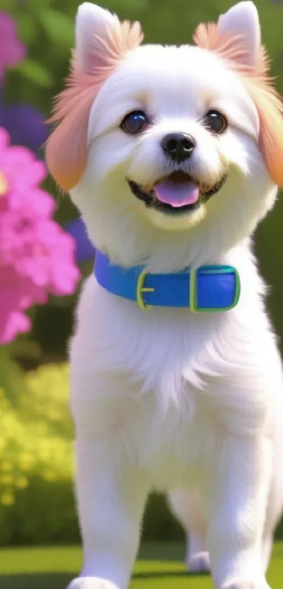 Adorable white puppy with a blue collar in a vibrant garden.