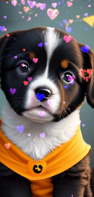 Cute puppy in Halloween costume with colorful hearts background.