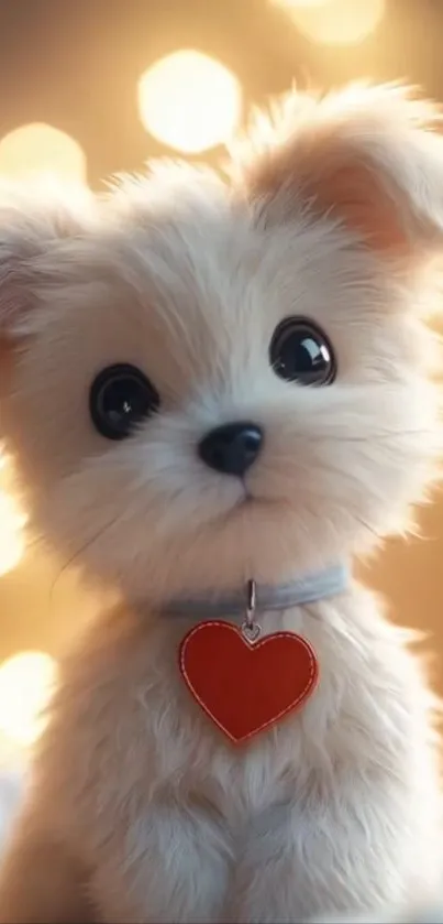 Adorable fluffy puppy with heart charm.