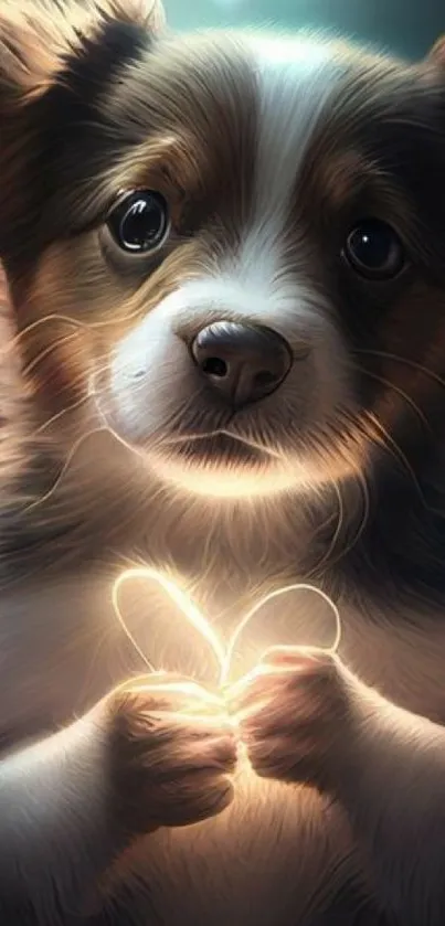 Adorable puppy with glowing heart mobile wallpaper.