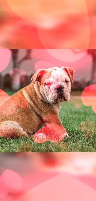 Bulldog on grass with heart shapes mobile wallpaper.