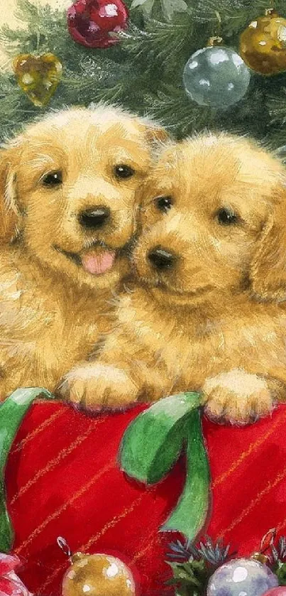 Adorable puppies in Christmas box with tree background.