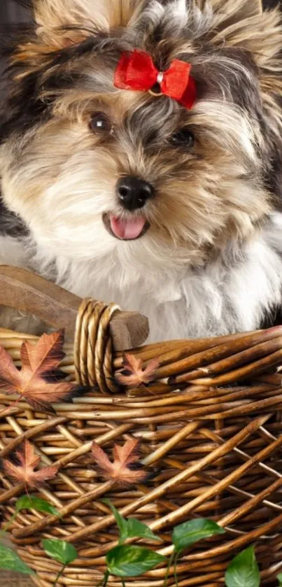 Fluffy puppy in wicker basket with red bow.