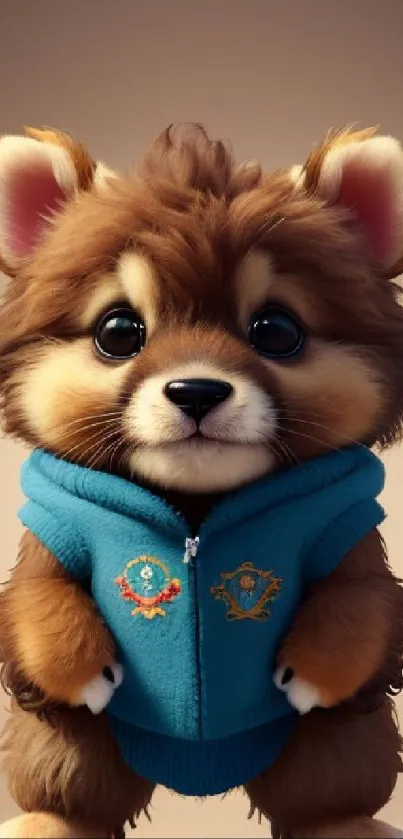 Adorable puppy wearing a blue hoodie with happy eyes.