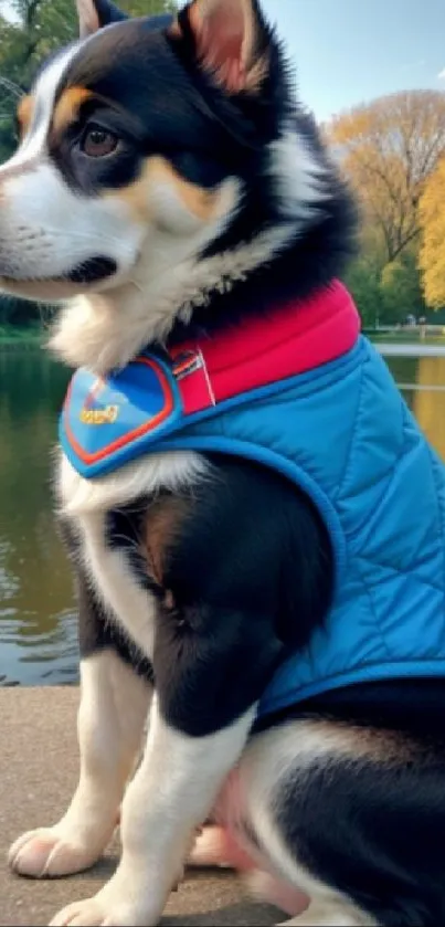 Cute puppy in blue jacket sitting by a tranquil lake.