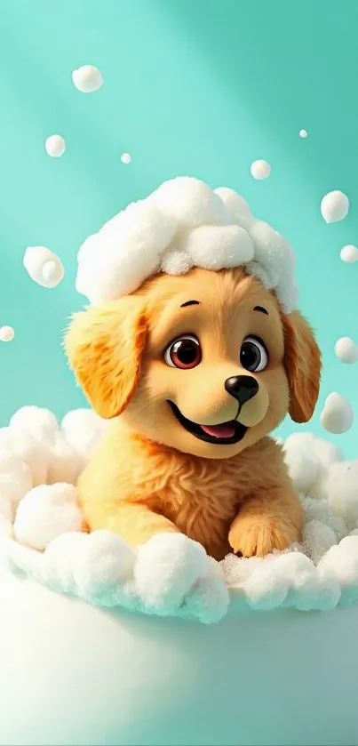 Adorable cartoon puppy in a bubble bath with teal background.