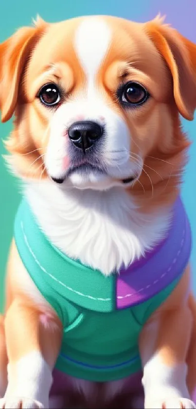 Cute puppy in colorful outfit on pastel background.