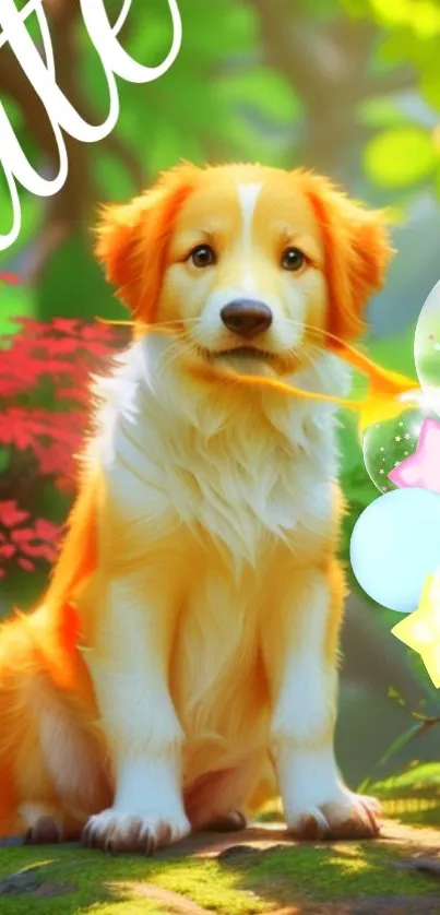 Adorable puppy with balloons in a vibrant, enchanted forest setting.