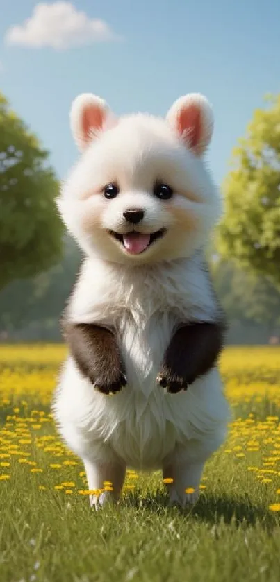 Adorable puppy standing in a sunny meadow, surrounded by flowers.