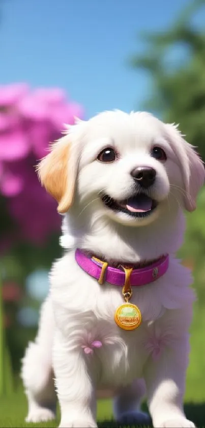 Adorable white puppy in a colorful floral garden.