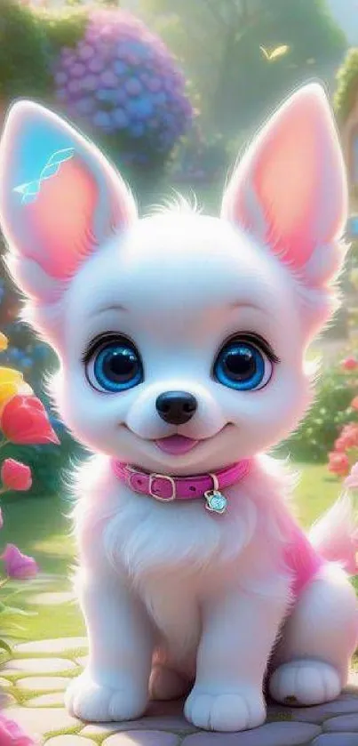 Adorable cartoon puppy in a flower garden with vibrant colors.