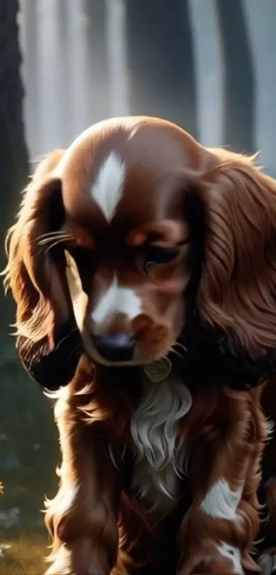 Puppy sitting in a peaceful forest scenery.