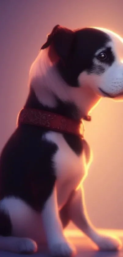 Adorable puppy illuminated by a soft glow, sitting calmly, creating a warm, cute scene.