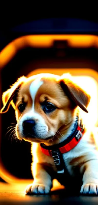 Adorable brown puppy in warm light background.