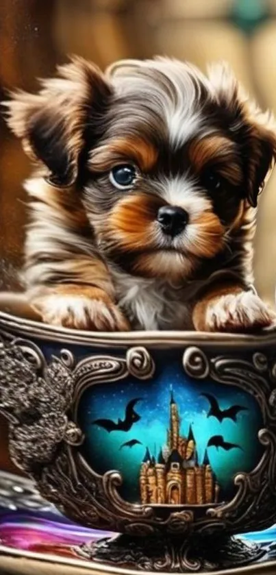 Puppy in a gothic teacup with castle design.