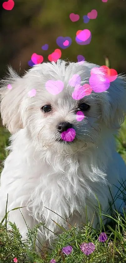 Adorable white puppy lying on green grass.