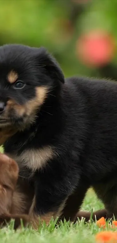 Adorable puppy playing in a vibrant green field.