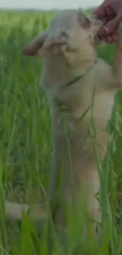 Adorable puppy standing in green field with a person's hand.