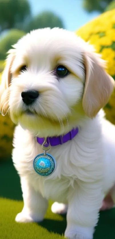 Adorable puppy in a vibrant green garden with fluffy coat and purple collar.