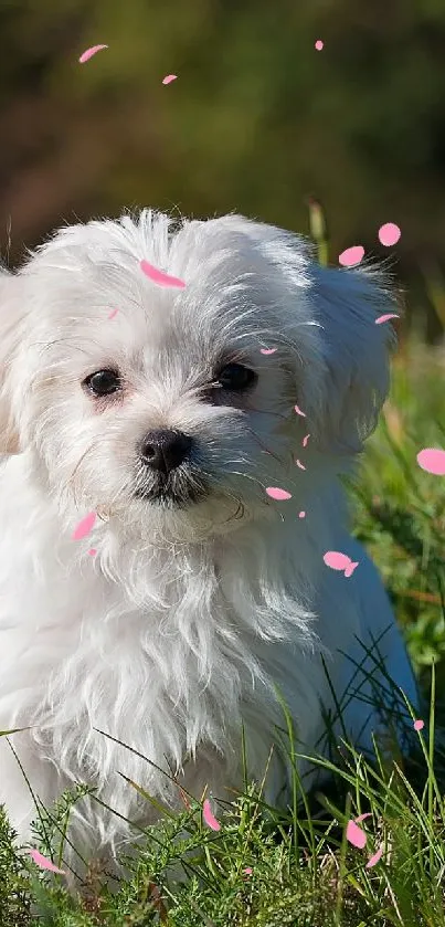 Fluffy white puppy sitting in sunny meadow.