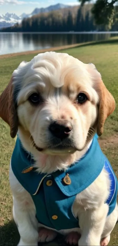 Adorable puppy in blue jacket by a lake under a clear sky.