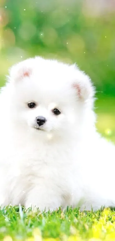 Cute fluffy white puppy sitting on green grass.