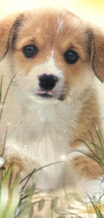 Cute puppy in sunlit natural setting with grass.