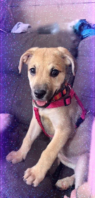 Adorable puppy on couch with purple glow.