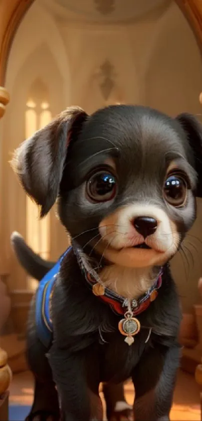 Adorable black puppy in a regal interior setting with big eyes.